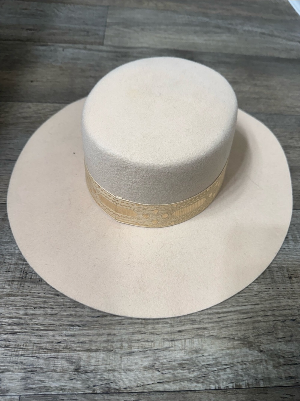 Lack Of Color Cream Wide-Brim Wool Felt Hat with Tan Decorative Band